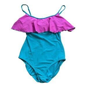Vintage Sirena Swimsuit 80s Ruffle Barbiecore Aqua Teal Hot Pink Girly Rumba